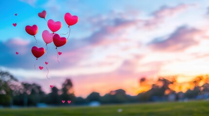 Fototapeta premium Heart balloons lifting off into the sky at sunset, representing hope, dreams, and the fleeting beauty of precious moments.