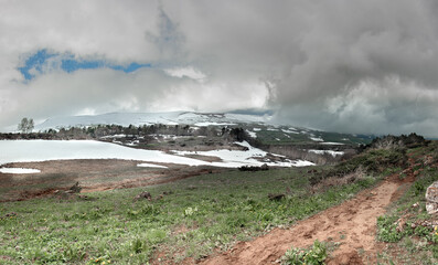 Panoramic view of the Lago Naki plateau from the mountain peaks  in Adygea.
