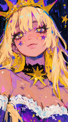 Retro comic style blonde female, starlight, blonde hairstyle with bangles, purple or color yellow background on the Kawaii girl concept