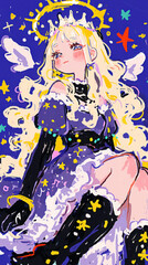 Retro comic style blonde female, starlight, blonde hairstyle with bangles, purple or color yellow background on the Kawaii girl concept