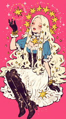 Retro comic style blonde female, starlight, blonde hairstyle with bangles, purple or color yellow background on the Kawaii girl concept