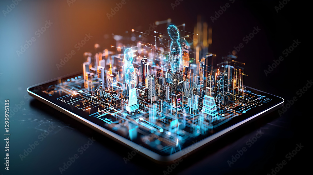 Poster digital cityscape displaying data network emerging from a tablet on black background