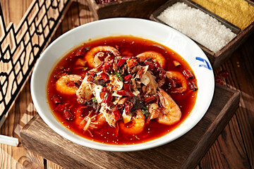 Sichuan style red oil shrimp blood soup