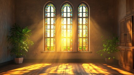 Stained glass windows illuminating a modern interior with soft natural light