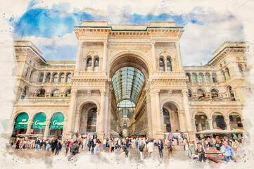 Fototapeta premium Galleria Vittorio Emanuele II in Milan, Italy in watercolor illustration style