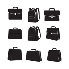 backpack briefcase handbag travel bag business case school bag icon set vector silhouette design