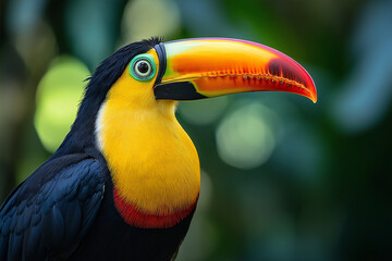 A colorful bird with black and yellow feathers, a red beak, green eyes, and a long tail is photographed in the rainforest. The background of trees creates an atmosphere of natural