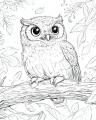 Fototapeta premium Kids' Coloring Book: Bold Line Art Illustrations for Fun and Creative Learning, A charming owl perched on a branch.