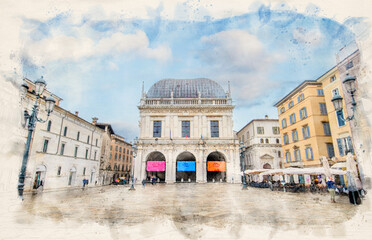 Fototapeta premium Comune di Brescia is the city or town hall on the Piazza della Loggia in Brescia, Italy in watercolor illustration style