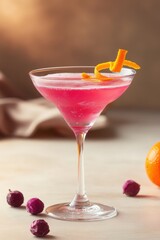 Bright pink cosmopolitan cocktail with orange zest in a minimal studio setting