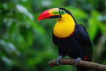 Obraz premium A colorful bird with black and yellow feathers, a red beak, green eyes, and a long tail is photographed in the rainforest. The background of trees creates an atmosphere of natural