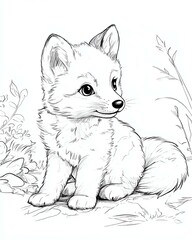 Obraz premium Kids' Coloring Book: Bold Line Art Illustrations for Fun and Creative Learning, Cute fox sketch surrounded by nature elements.