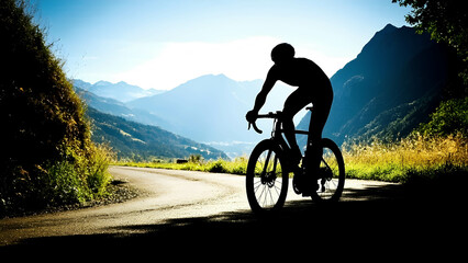 Obraz premium Silhouette of a cyclist racing on a mountain trail, dynamic and energetic
