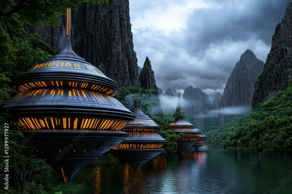 Poster A futuristic city built with earthquake-resistant floating structures, glowing with advanced technology