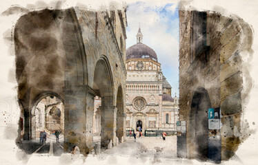 Basilica of Santa Maria Maggiore , the chapel Colleoni and the Duomo in Citta Alta in Bergamo, Italy in watercolor illustration style
