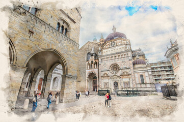 Basilica of Santa Maria Maggiore , the chapel Colleoni and the Duomo in Citta Alta in Bergamo, Italy in watercolor illustration style