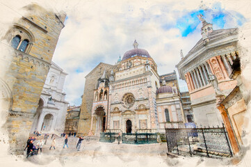 Basilica of Santa Maria Maggiore , the chapel Colleoni and the Duomo in Citta Alta in Bergamo, Italy in watercolor illustration style