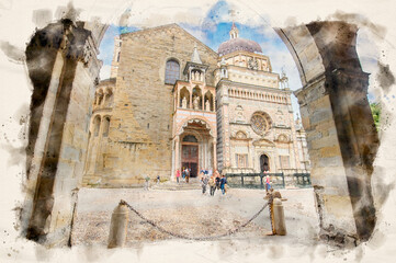 Basilica of Santa Maria Maggiore , the chapel Colleoni and the Duomo in Citta Alta in Bergamo, Italy in watercolor illustration style