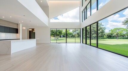 Fototapeta premium A living room with an open floor plan flowing seamlessly into a dining area and kitchen, creating a spacious and airy feel.