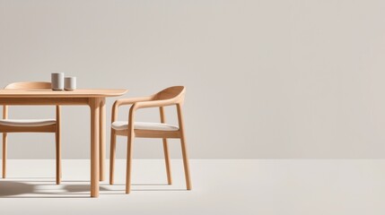 A wooden dining table with slender legs and a natural finish, surrounded by matching dining chairs with simple silhouettes, creating a minimalist and elegant dining area.