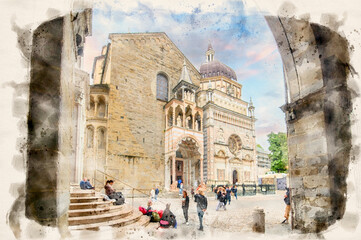 Basilica of Santa Maria Maggiore , the chapel Colleoni and the Duomo in Citta Alta in Bergamo, Italy in watercolor illustration style