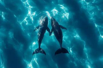 a couple swimming with whales in the deep blue sea,