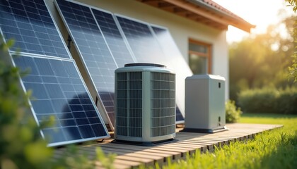 Obraz premium Photo of heat pump, solar panels as eco energy system for house. Green technology solution for home. Renewable energy sources. Economical, ecology friendly electricity production in household. Save