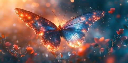 Glowing Butterfly with Sparkles Amidst Floral Background a Dreamy Composition