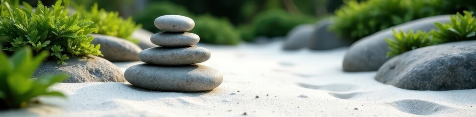 Raked white sand, carefully placed stones form a serene Zen garden , nature, calm, grey