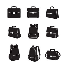backpack briefcase handbag travel bag business case school bag icon set vector silhouette design