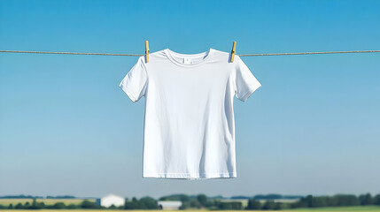 Clean White T Shirt Hanging On Clothesline Against Blue Sky Above Green Field