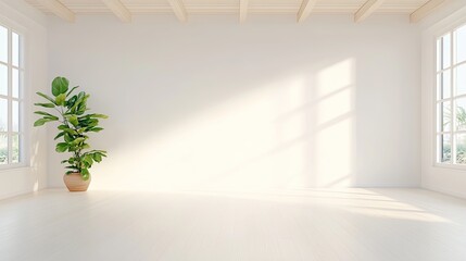 Fototapeta premium Bright and airy interior of a modern room with large windows and a potted plant
