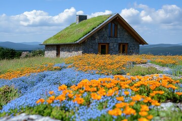 A serene stone cottage surrounded by vibrant orange and blue wildflowers under a clear sky