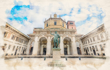 Basilica di San Lorenzo Maggiore in Milan, Italy in watercolor illustration style