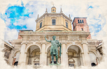 Basilica di San Lorenzo Maggiore in Milan, Italy in watercolor illustration style