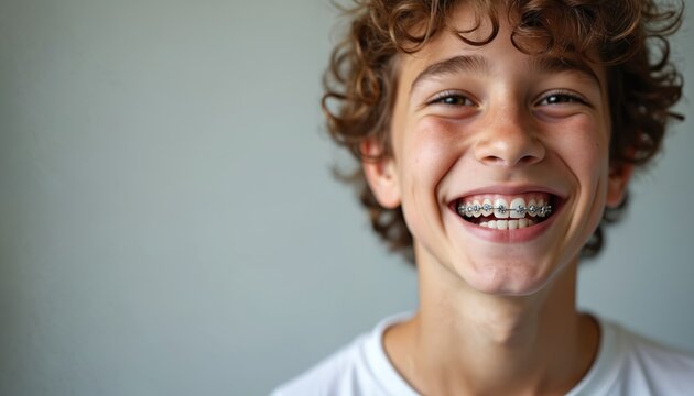 Portrait of smiling teen with braces on teeth. Young man, happy caucasian boy. Orthodontic treatment, dental care, oral hygiene, happy teen, stylish bracket system. Closeup teeth, isolated gray