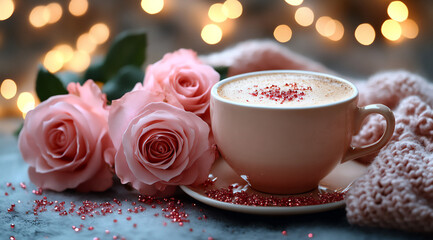 Fototapeta premium a cozy valentine's day setting with soft pink roses,
