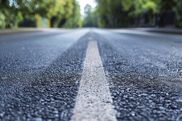 Fototapeta premium A close-up view of a smooth tarmac road with faded lane markings, showcasing a clear white line down the center, Smooth tarmac marred by faded lane markings
