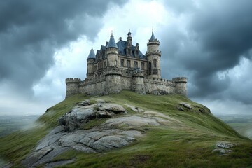 Fototapeta premium A gothic-style fortress built on the edge of an active volcano, with ominous storm clouds swirling above