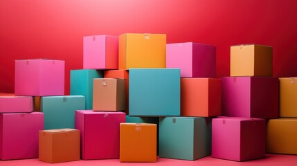 Obraz premium Vibrant moving boxes arranged in a minimalistic studio setting with rich colors