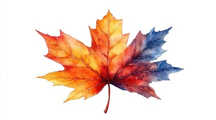 Vibrant watercolor illustration of a maple leaf showcasing autumn colors with a white background