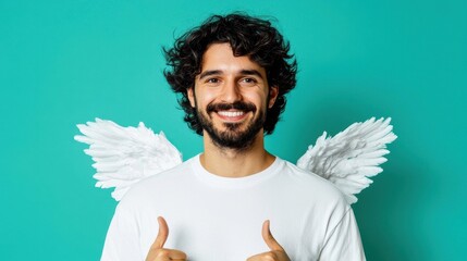 Cheerful Young Man with Angel Wings Giving Thumbs Up Gesture