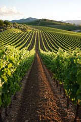 Fototapeta premium Sunlit vineyard landscape with rows of grapevines on a gentle slope
