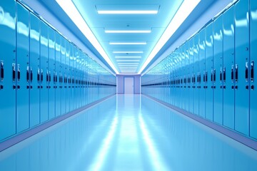 Fototapeta premium Bright and modern hallway lined with blue lockers leading to a closed door in a school environment
