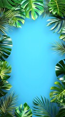 Tropical leaves frame, blue background, summer design, vacation poster