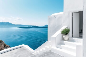 Obraz premium A whitewashed building with a doorway and steps overlooking the Aegean Sea and the Greek islands of Santorini, Combine traditional Greek architectural motifs with minimalist design principles