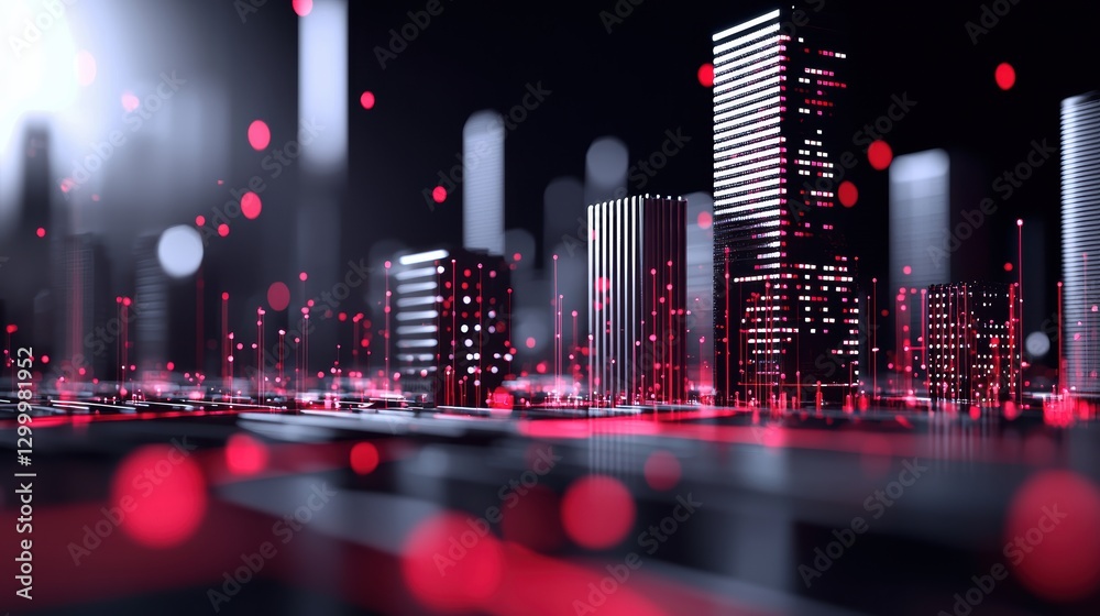 Poster a futuristic cityscape overlaid with a grid of interconnected lines and data points, symbolizing the