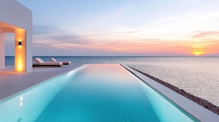 Obraz premium Relaxing sunset view over tranquil waters from a modern poolside retreat