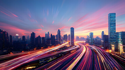 Fototapeta premium Dynamic City Skyline View With Traffic Trails At Sunset Showcasing Urban Infrastructure and Modern Architecture