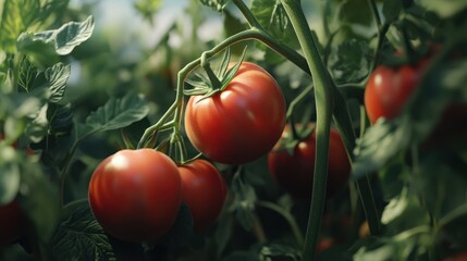Ripe tomatoes growing on vine in greenhouse